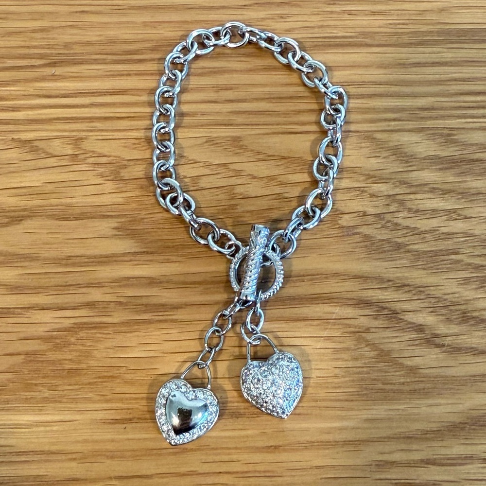 Brighton-style Sterling silver heart charm chain bracelet toggle rhinestones